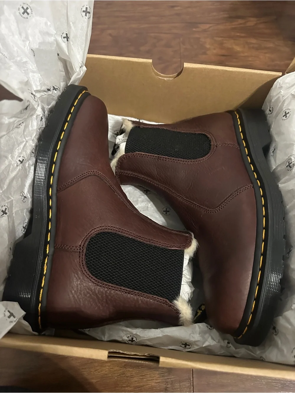 Dr. Martens Brown Leather Chelsea Ankle Boots with Shearling Trim